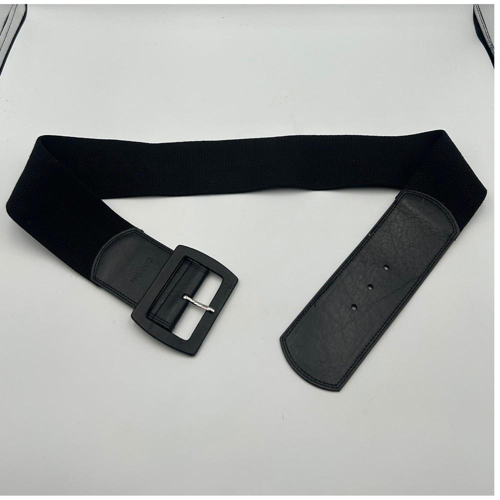 Calvin Klein Womens Black Wide Elastic Waist Belt Leather Trim Large XL 610840